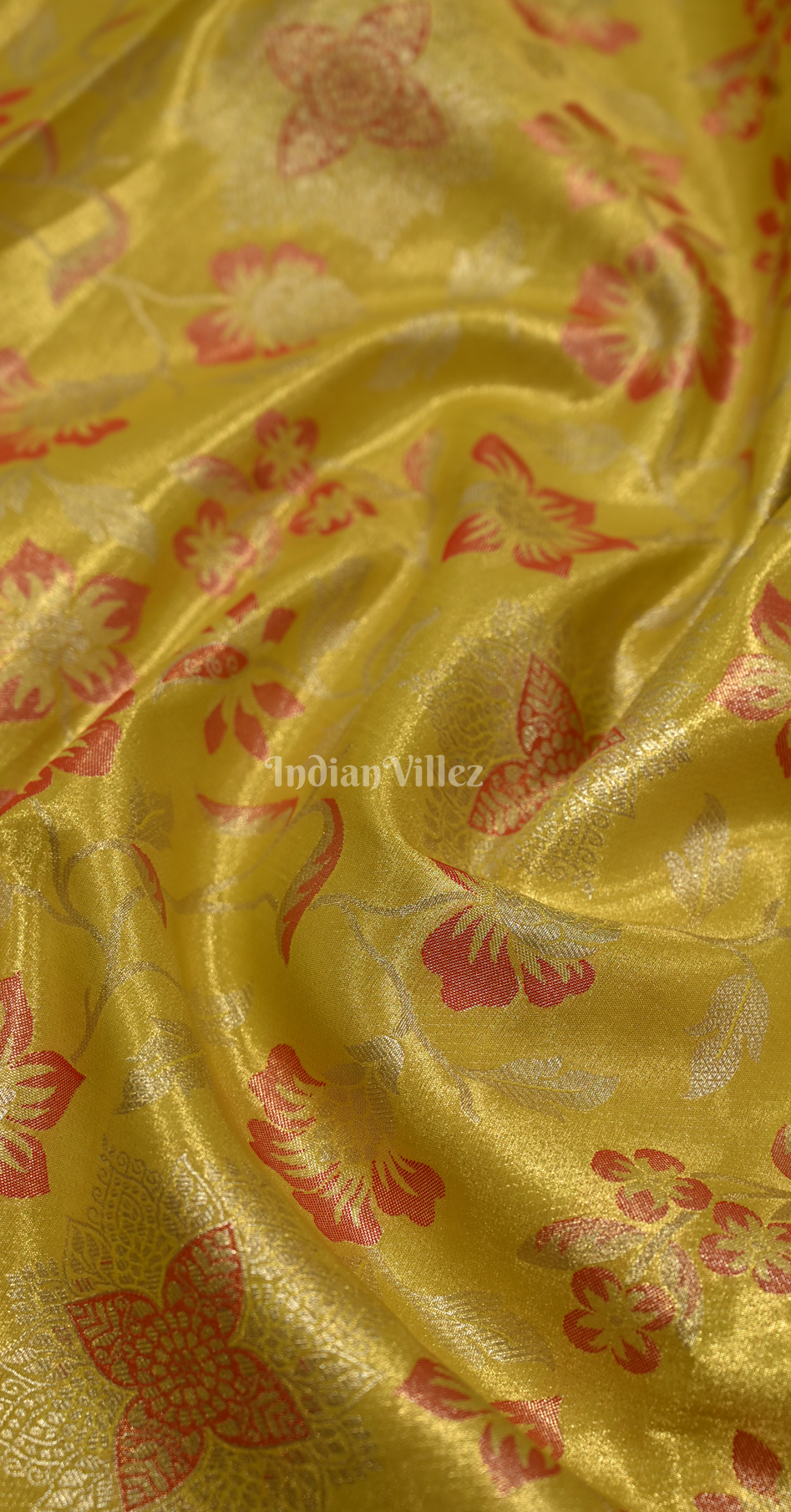 Mustard Yellow Red Floral Pure Kanjivaram Tissue Silk Saree 