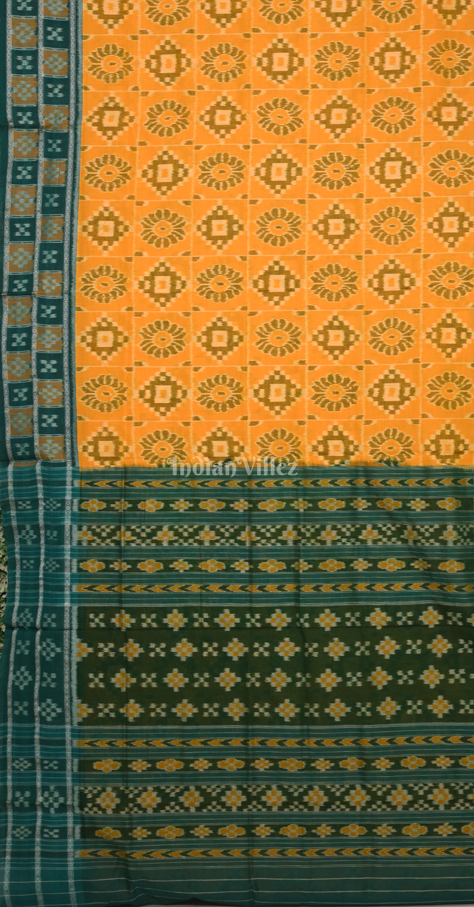 Yellow Green  Double Pasapali Border Odisha Ikat Sambalpuri Cotton Saree 
