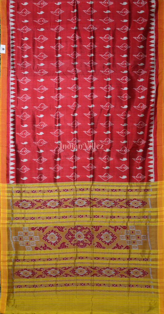Maroon Yellow Sankha Motif Odisha Ikat Khandua Silk Saree 