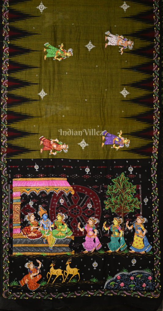 Mehendi Green Black Krishna Raas Leela Hand-Painted Pattachitra Saree