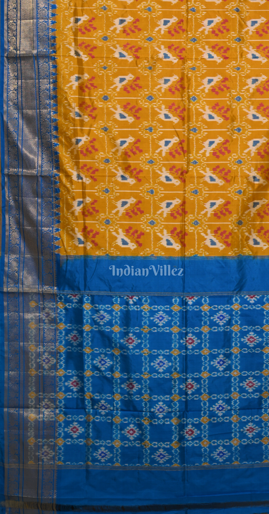 Mustard Yellow Blue Pochampally Ikat Silk Saree