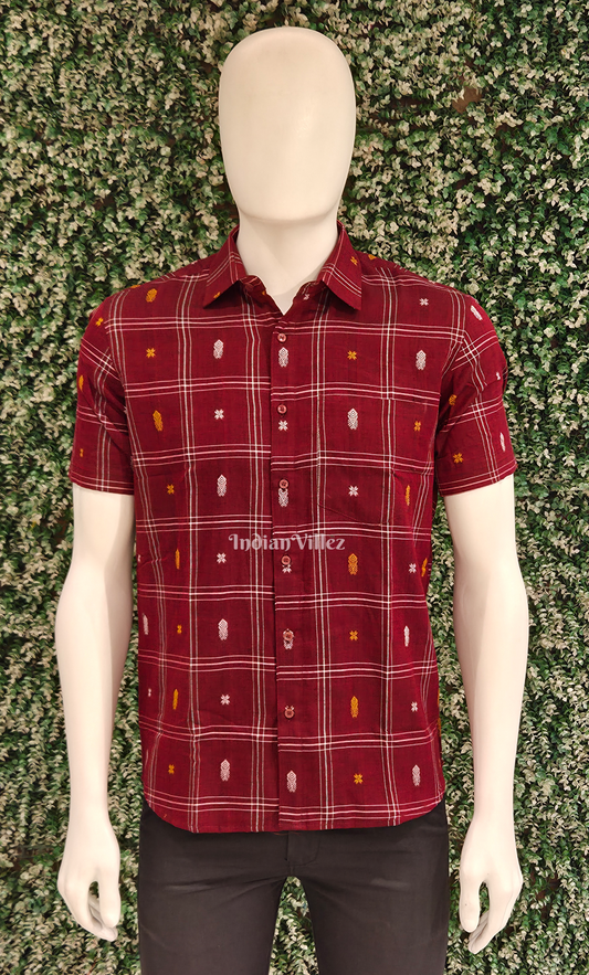  Maroon  Fish Motif Odisha Ikat Cotton Half Sleeve Shirt for Men 