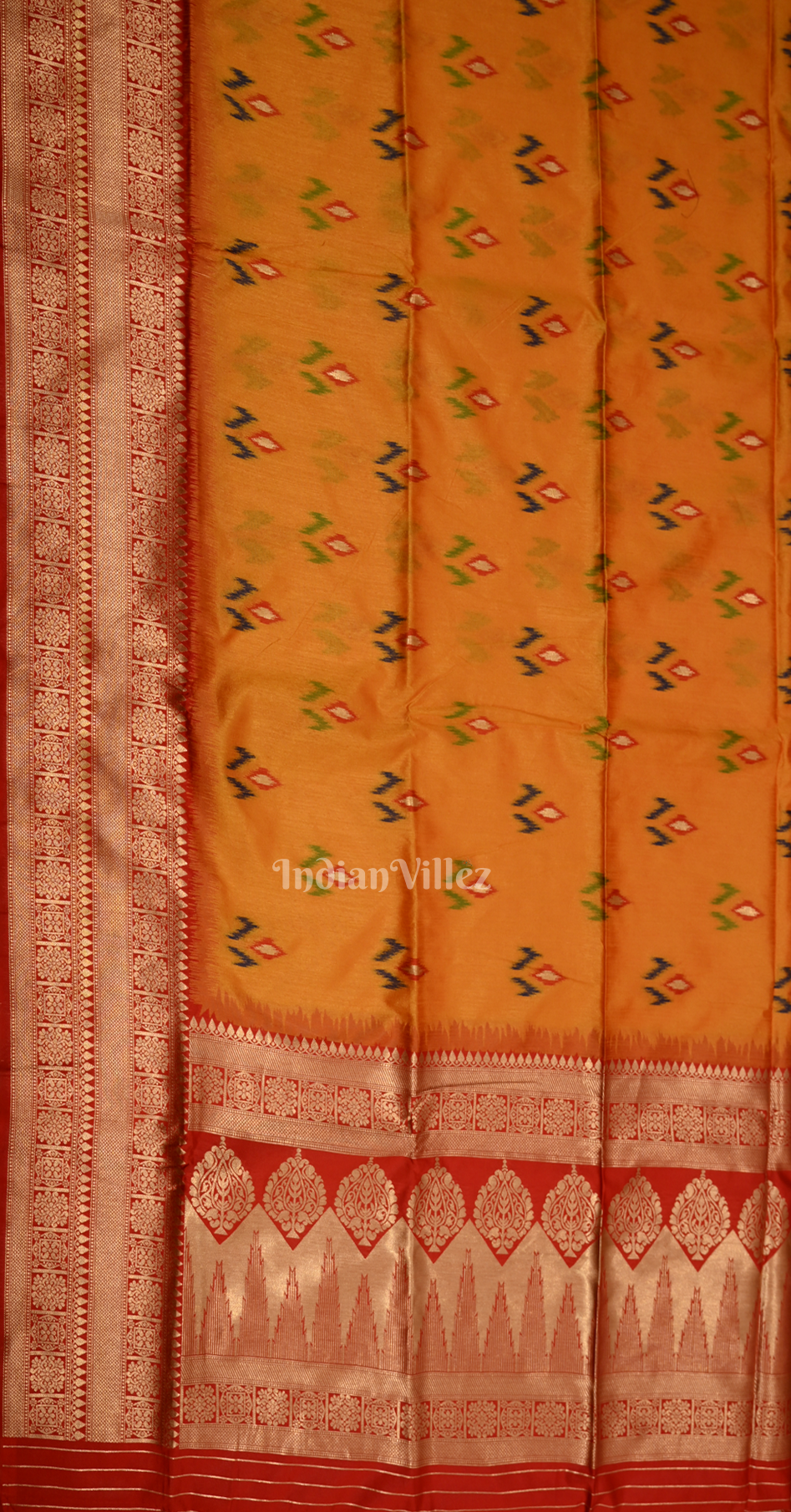 Mustard Yellow Red Ikat Saree with Zari Border Tussar Silk