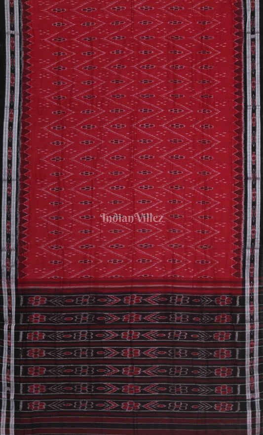 Red Black Waves Pattern Odisha Ikat Maniabandha Cotton Saree 