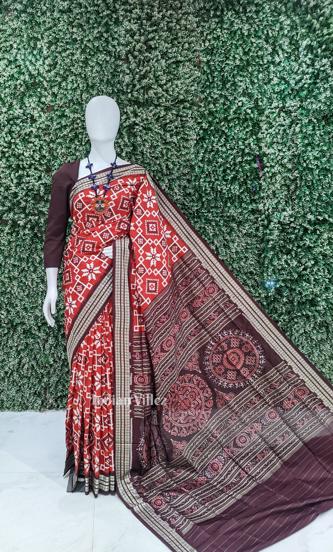 Red Marron Telia Rumal Theme Odisha Ikat Sambalpuri Silk Saree