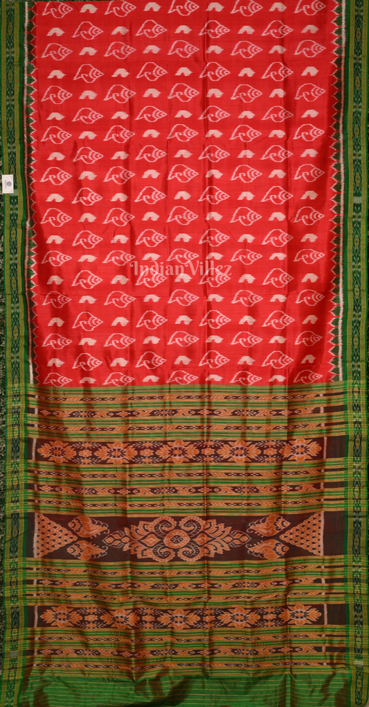 Red Green Sankha Motif Odisha Ikat Khandua Silk Saree 