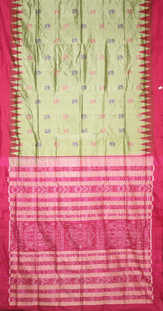 Pista Green Pink Buti Design Odisha Ikat Bomkai Sambalpuri Silk Saree 
