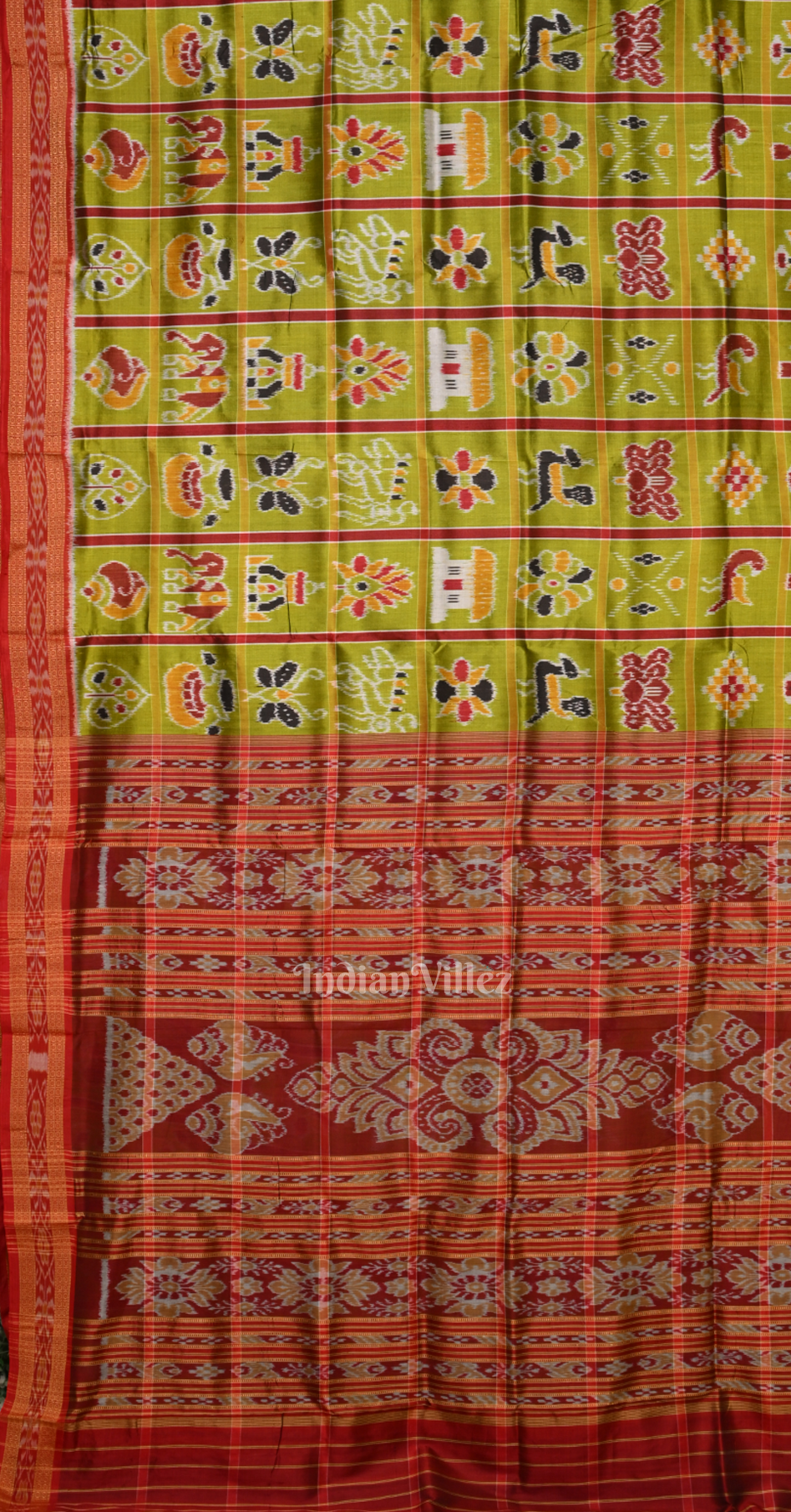 Olive Green Maroon Nabakothi Odisha Ikat Khandua Silk Saree 