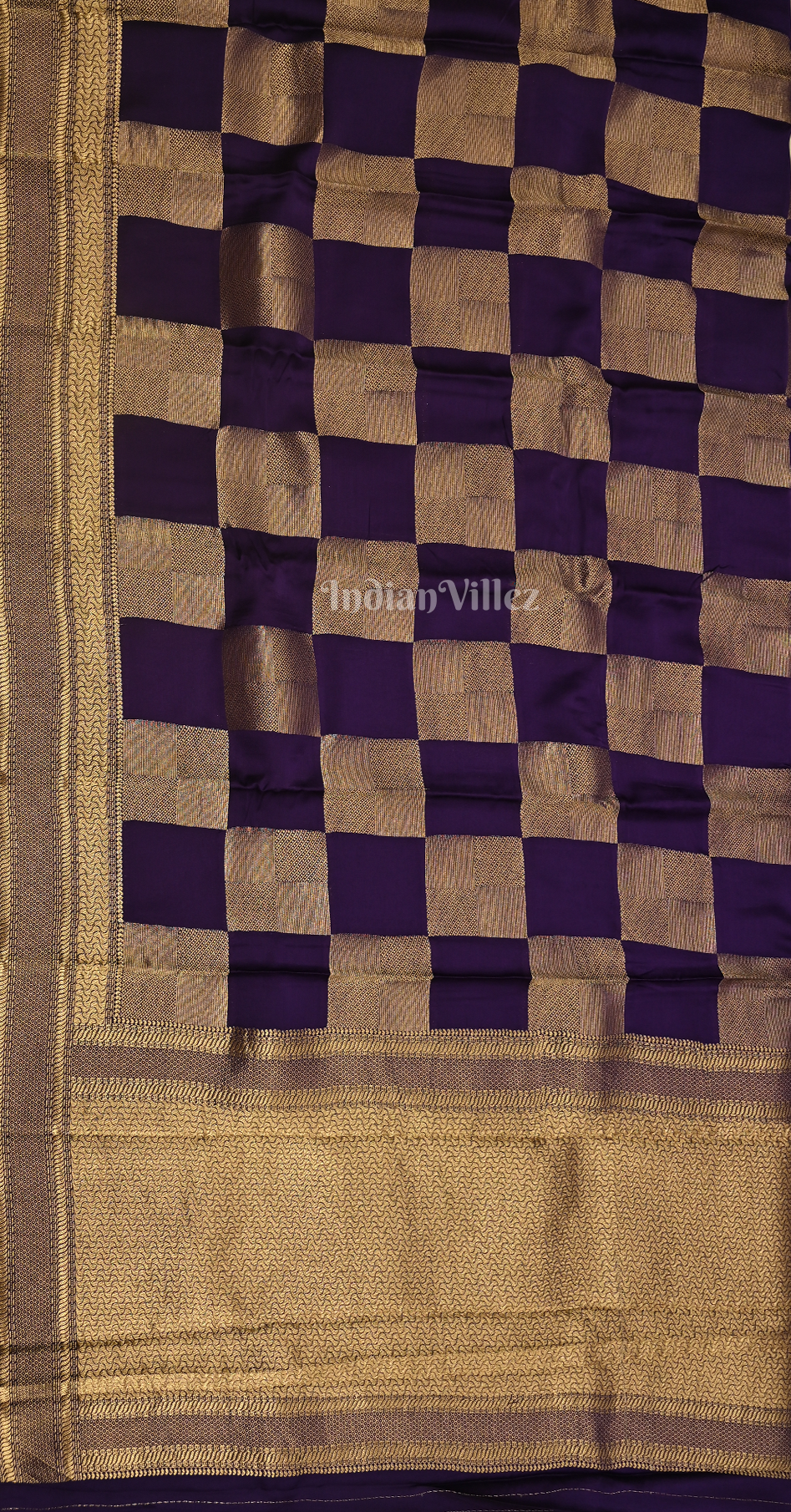 Purple Golden Checks Pure Crepe Kanjivaram Silk Saree
