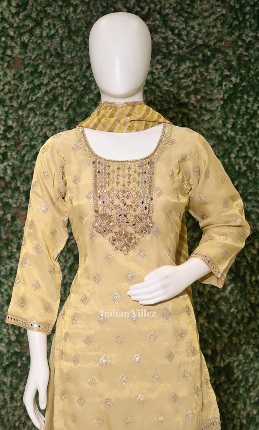 Golden Embroidered Kurta with Sharara Set & Dupatta 