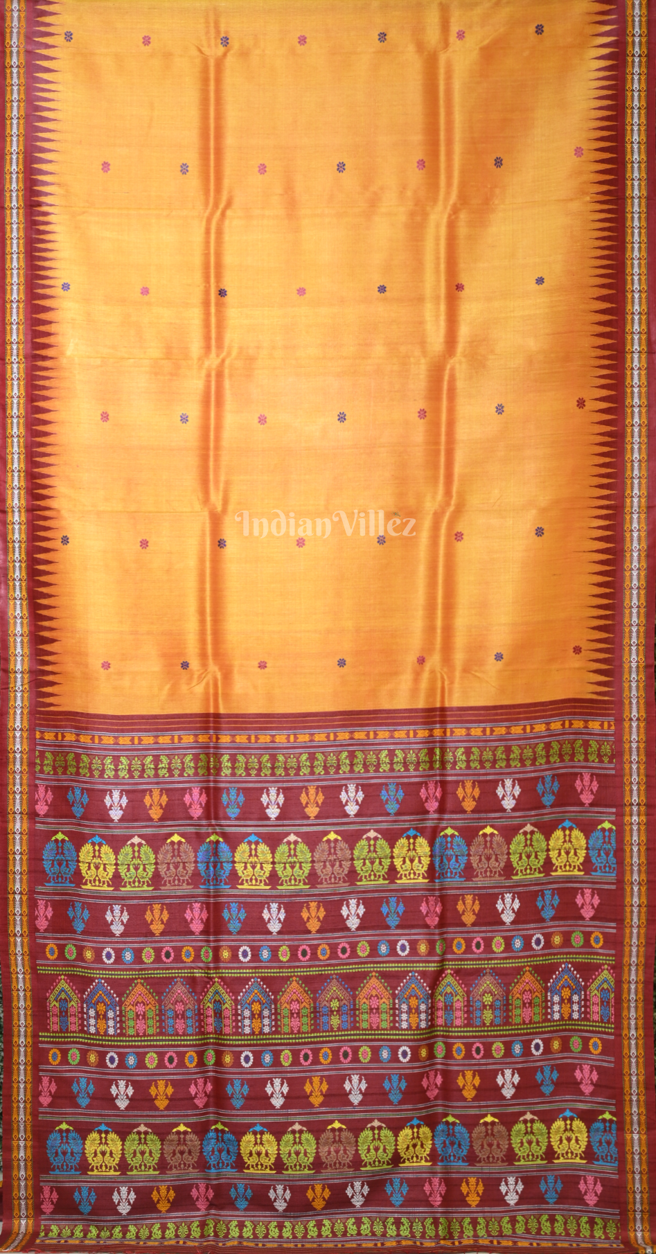 Mustard Yellow Maroon Dolabedi Gopalpur Tussar Silk Saree 