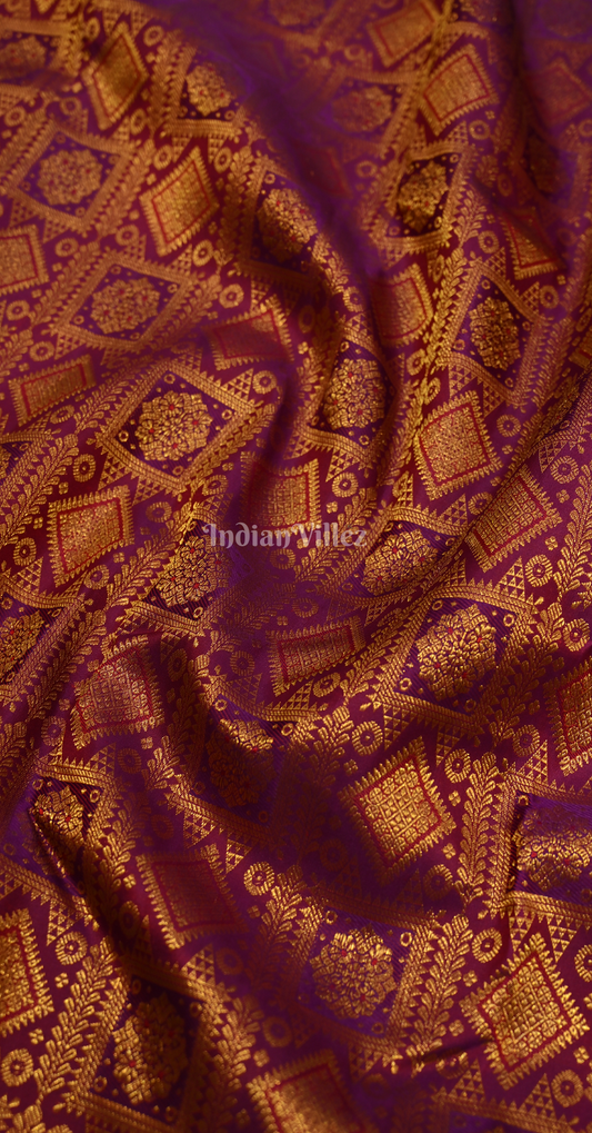 Purple  Golden Mayil Chakram Buttas Pure Brocade Kanjivaram Silk Saree 