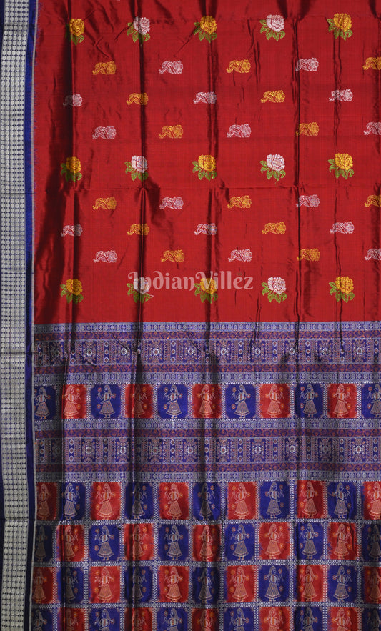 Red Blue Odisha Ikat Bomkai Sambalpuri Silk Saree with Doll Aanchal