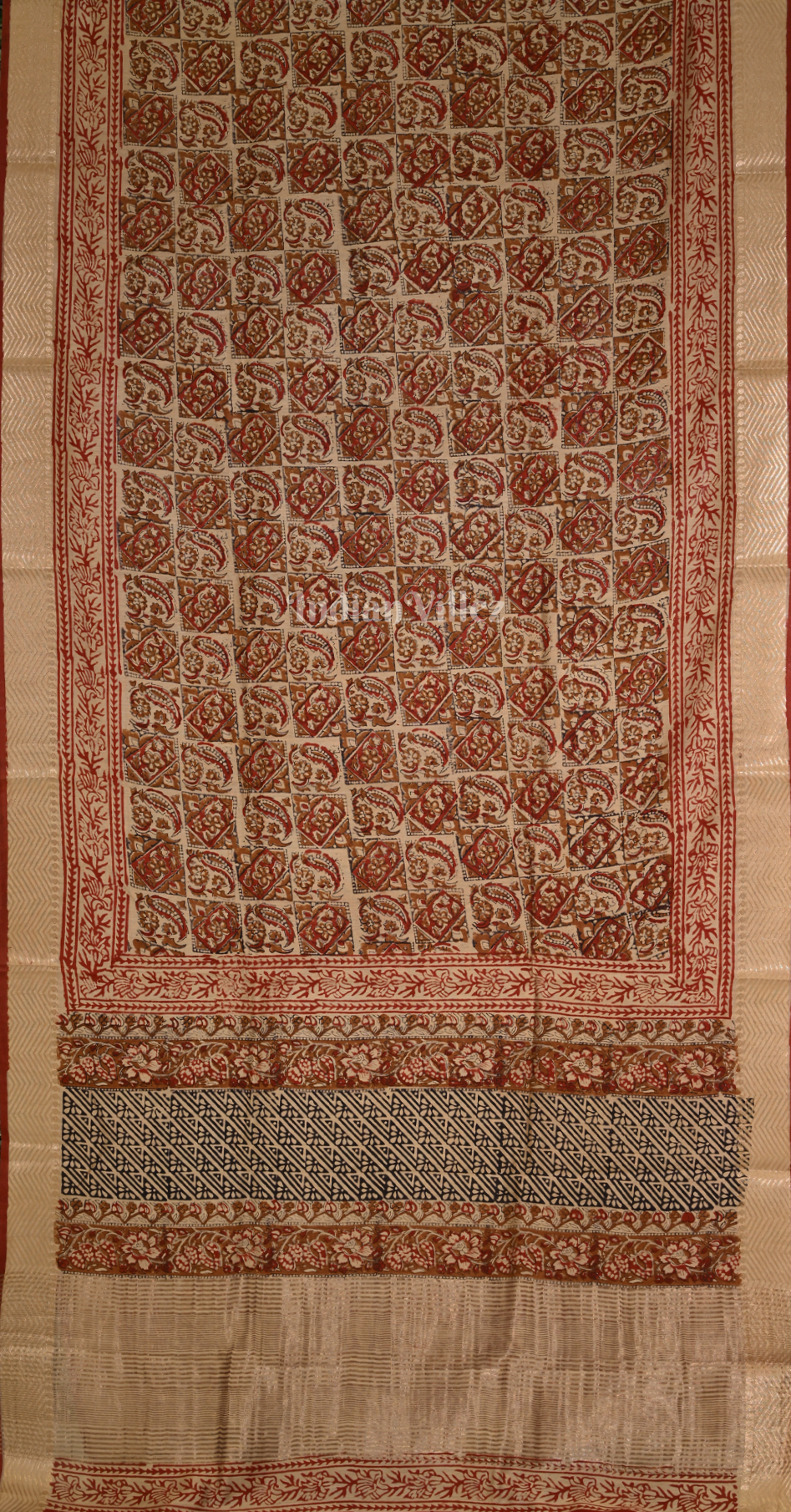 Maroon with Beige Block Printed Bagru Cotton Saree