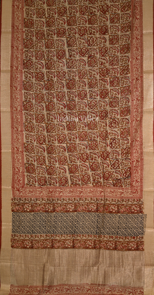  Maroon with Beige Block Printed Bagru Cotton Saree