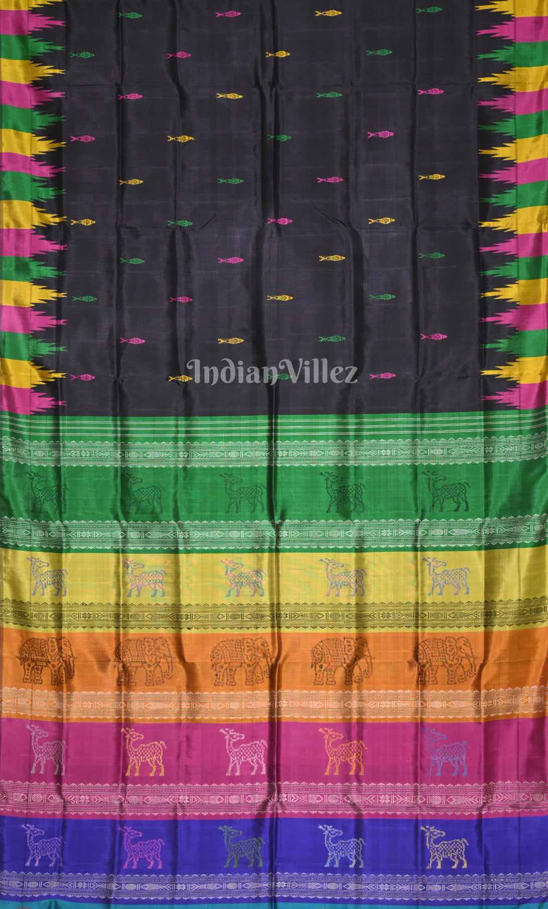 Black with Multicolor Fish Motif Double Pallu Berhampuri Silk Saree 