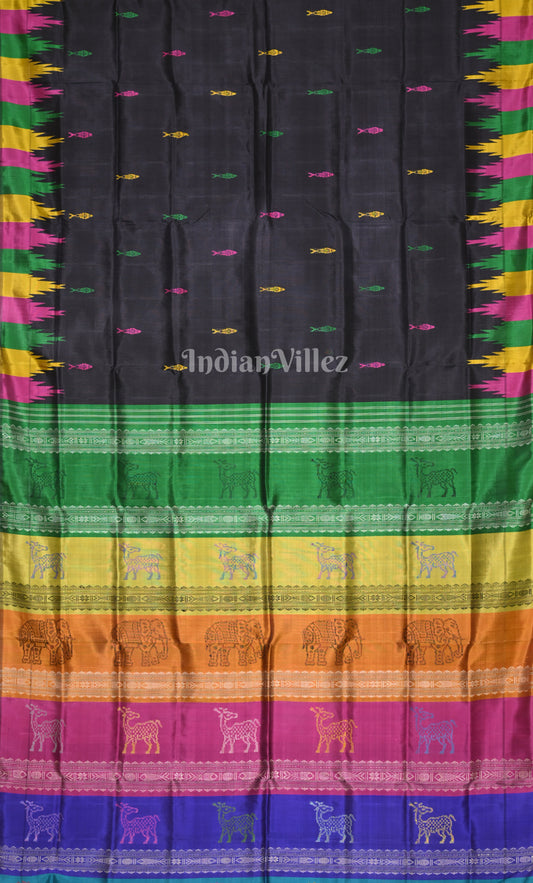 Black with Multicolor Fish Motif Double Pallu Berhampuri Silk Saree 