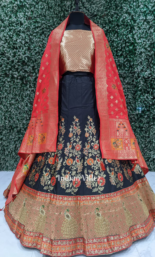Black Red Embroidered Lehenga Choli with Dupatta