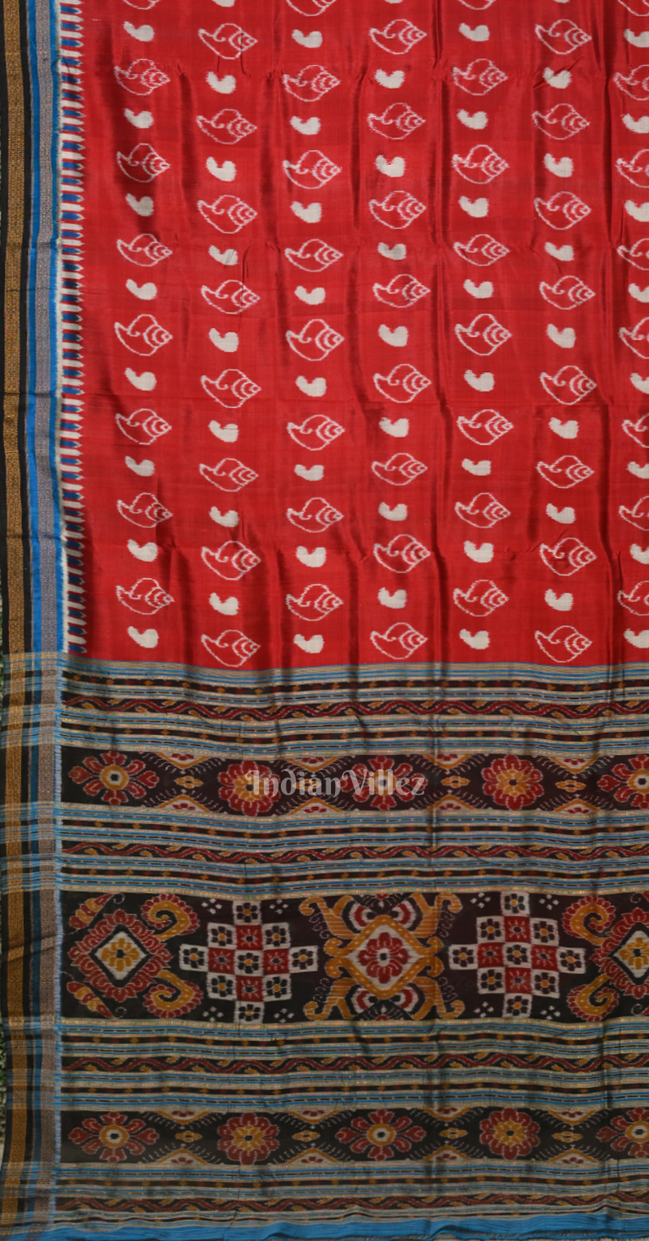Red Blue Sankha Motif Odisha Ikat Khandua Silk Saree 