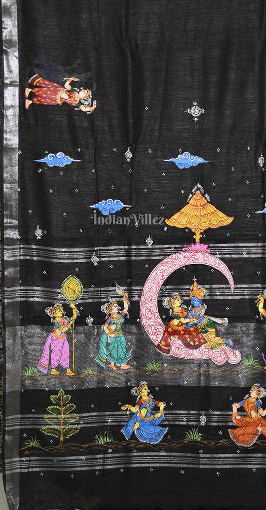 Black Ardha Chandra Krishna Rasa Leela Hand-Painted  Pattachitra Saree(Linen)