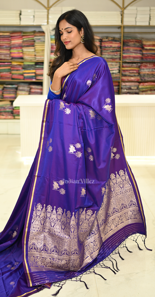 Indigo Blue Mashru Satin Banarasi Silk Saree with Pichwai Motif