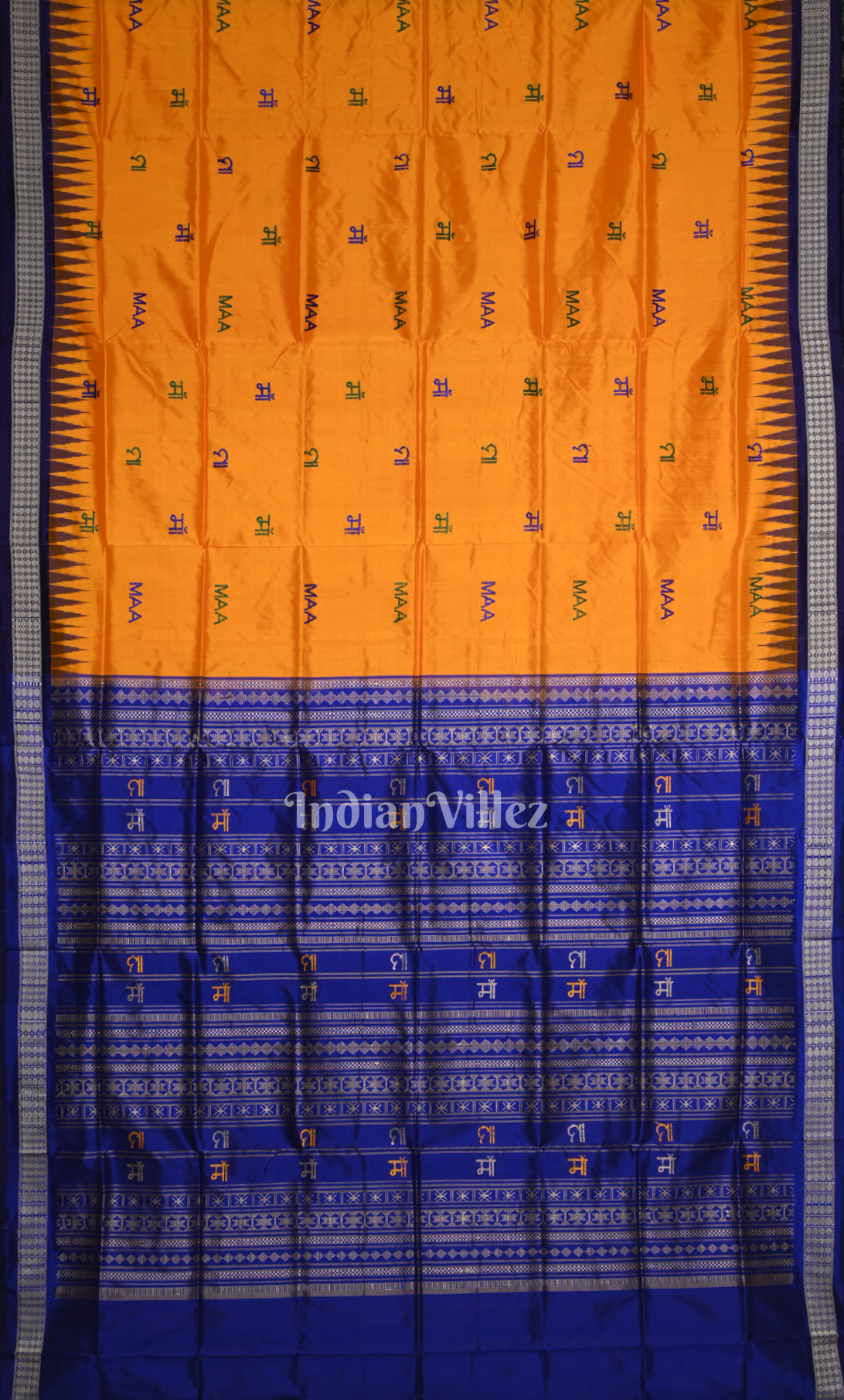 Mustard Yellow Blue Maa Odisha Ikat Bomkai Sambalpuri Silk Saree