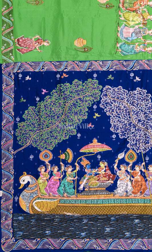 Parrot Green Blue Boita Bandana Hand-Painted Pattachitra Saree