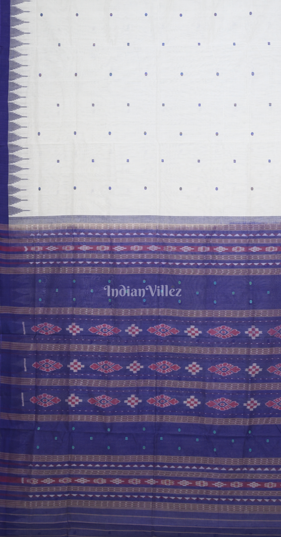 White Blue Buti Sachipar Odisha Ikat Sambalpuri Cotton Saree 