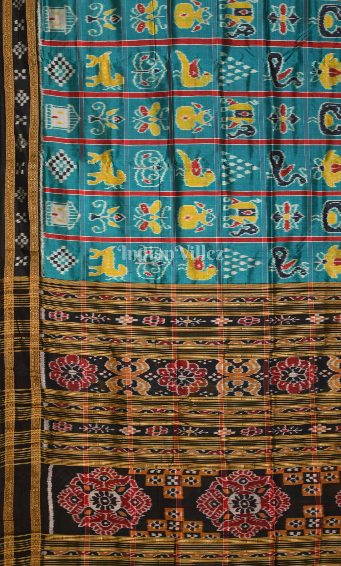 Teal Blue Black Nabakothi Odisha Ikat Khandua Silk Saree 