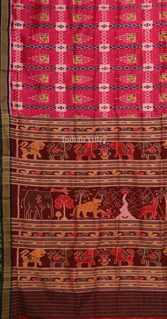 Rani Pink Coffee Chita Design Odisha Ikat Khandua Silk Saree