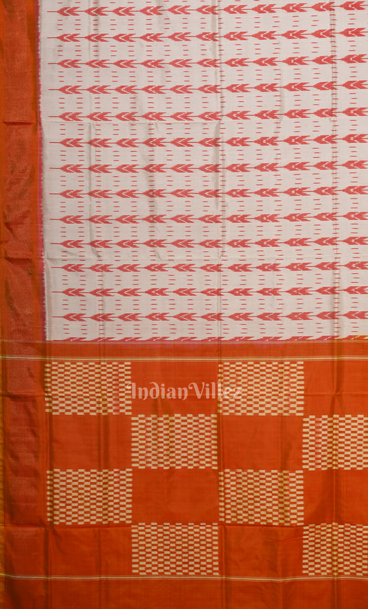 White Orange Pochampally Ikat Silk Saree