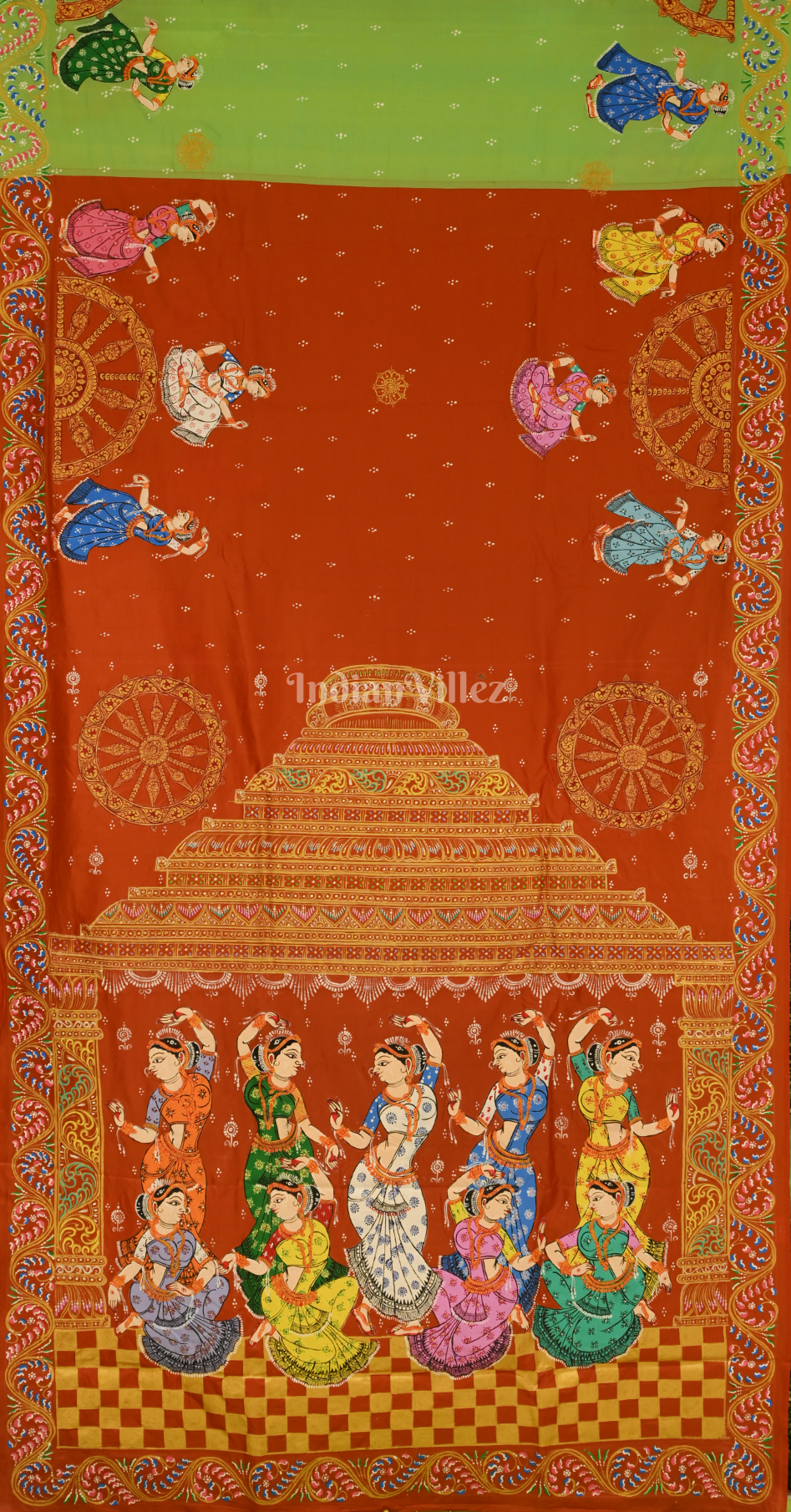 Green Rust Orange Nartaki Konark Temple Hand-Painted Pattachitra Saree