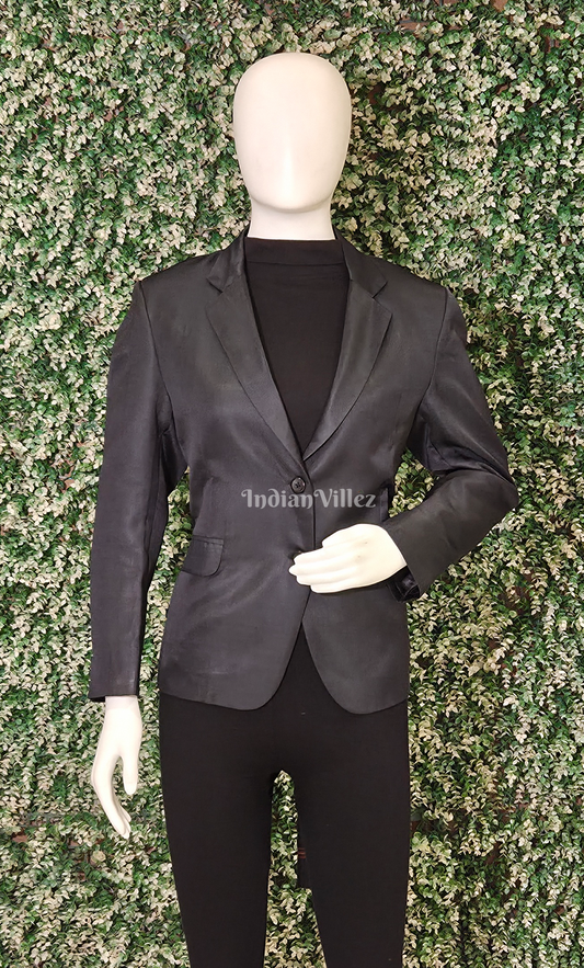 Black Solid Dupion Silk Women's Designer Blazer