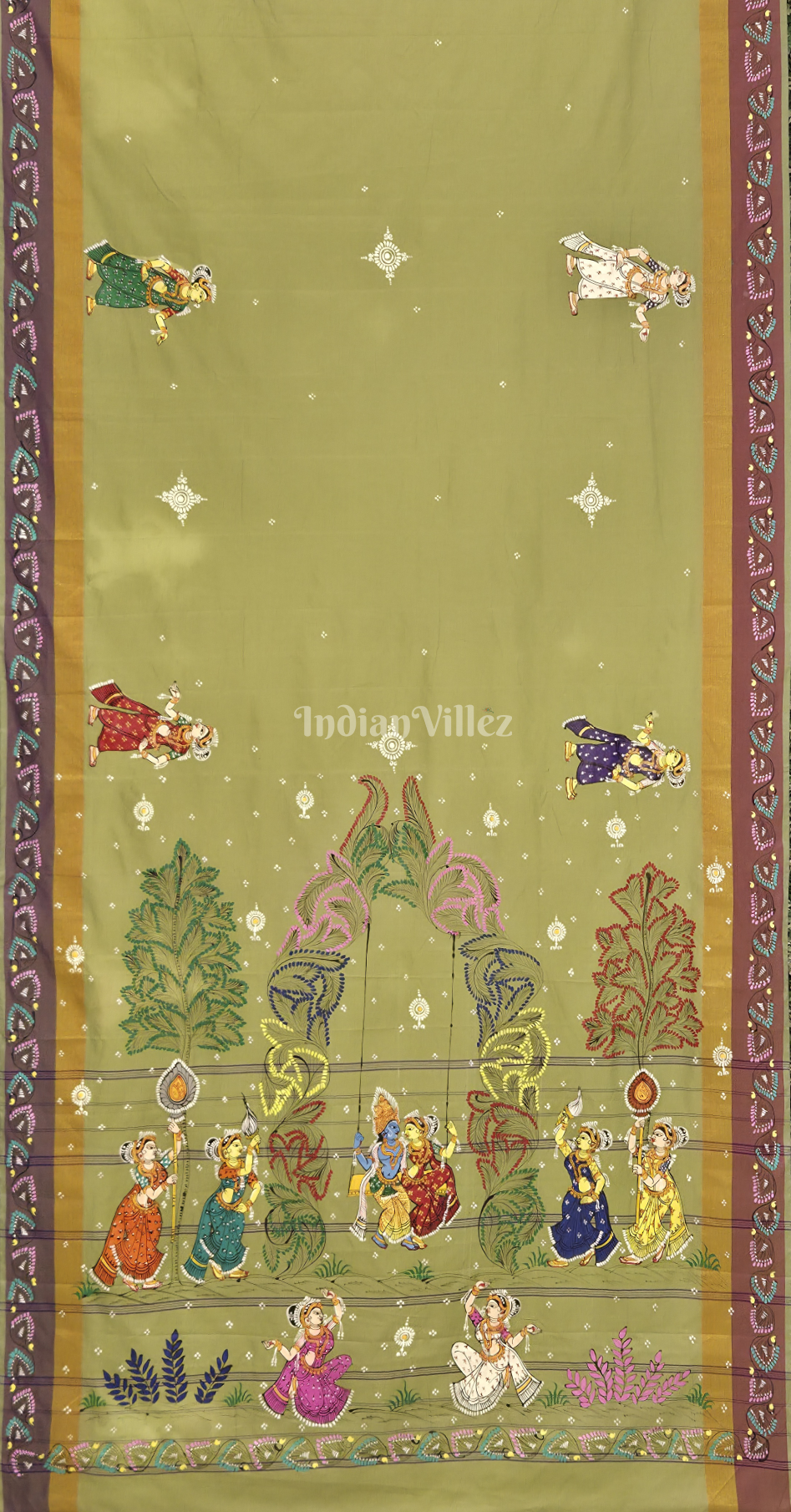 Mehendi Green Raja Doli Theme Hand-Painted Pattachitra Saree 