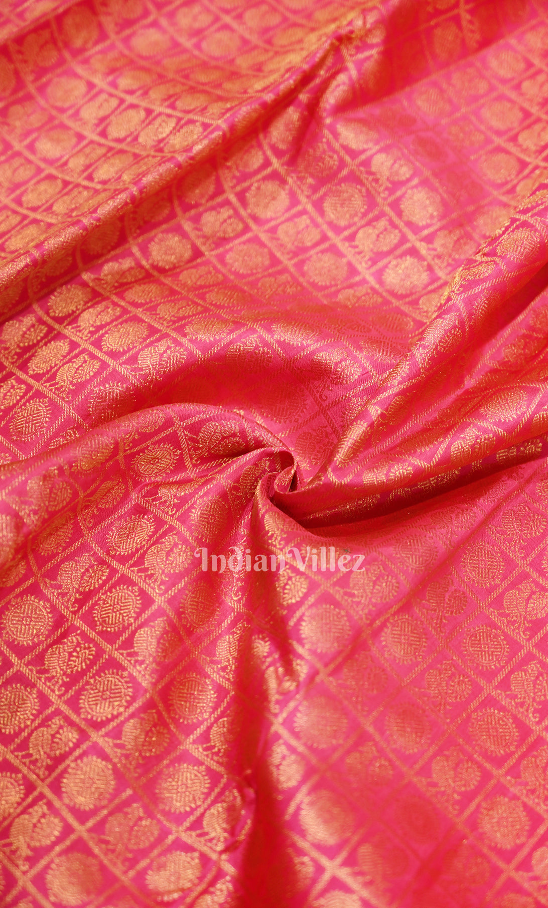 Rani Pink with Golden Check Buti Brocade Pure Kanjivaram Silk Saree 