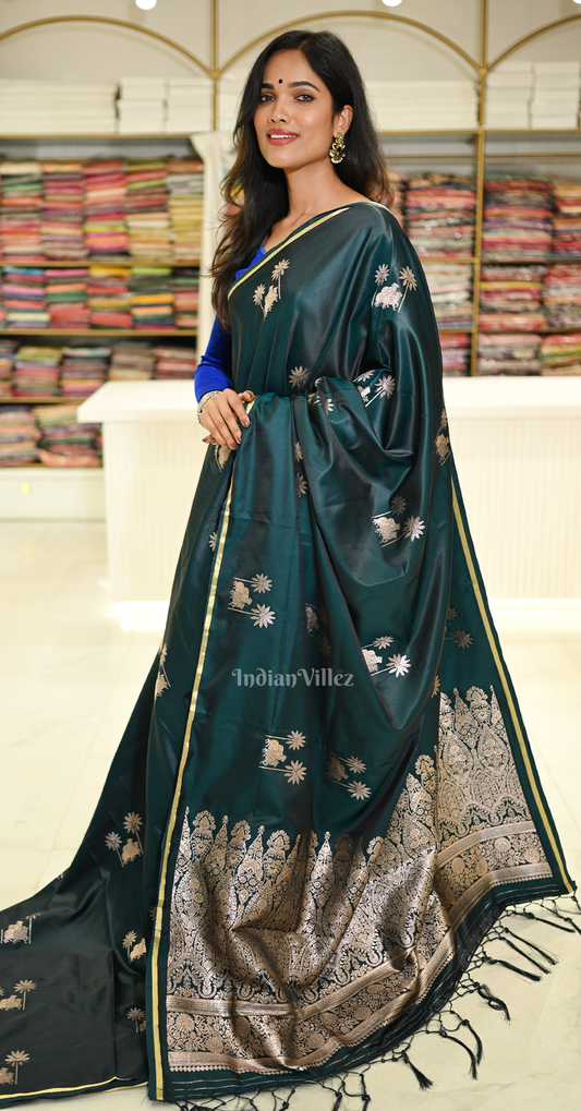 Bottle Green Mashru Satin Banarasi Silk Saree with Pichwai Motif