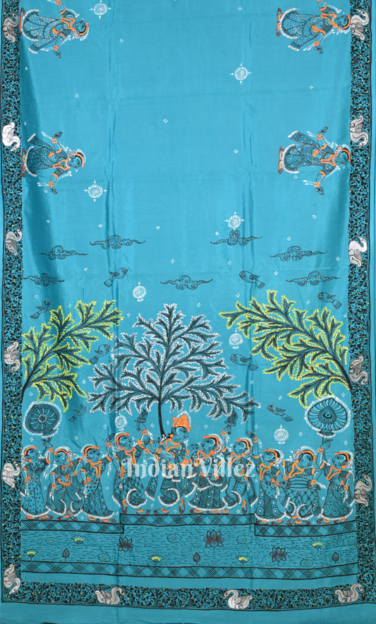 Blue Krishna Raas Leela Hand-Painted Pattachitra Saree