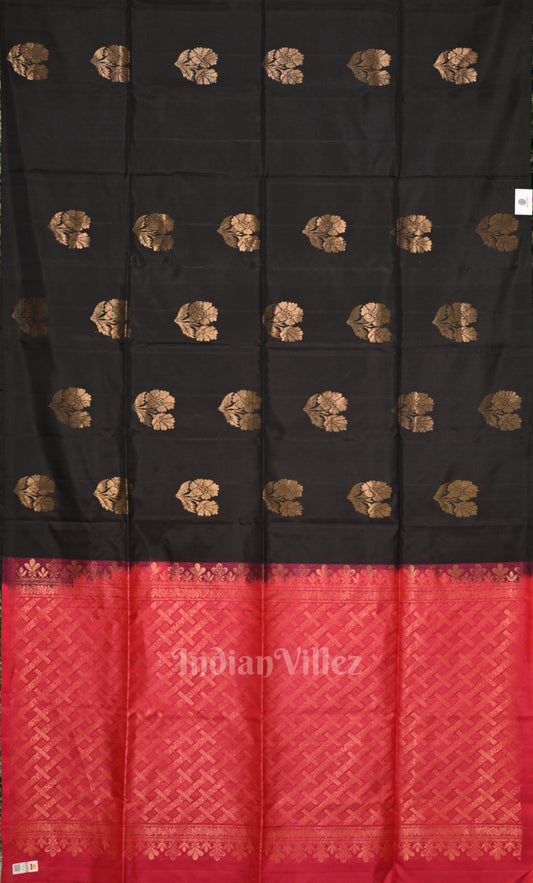 Black Red Pure Kanjivaram Soft Silk Saree 
