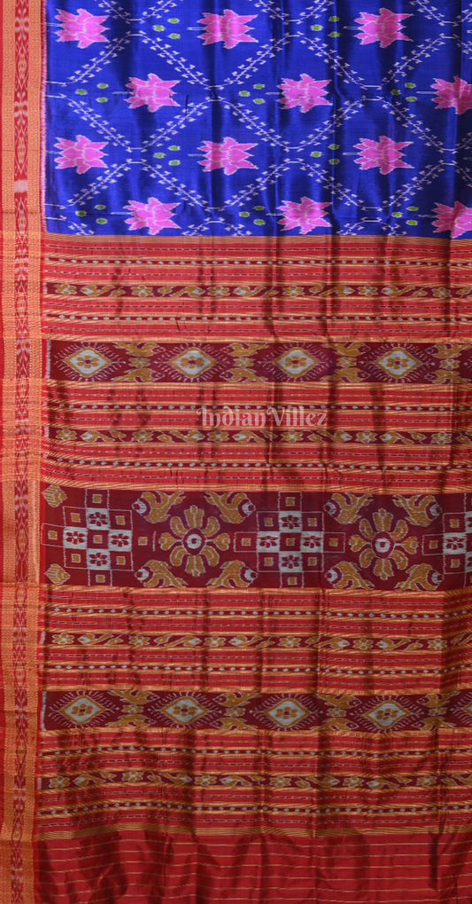 Blue Red Lotus Motif Odisha Ikat Khandua Silk Saree 
