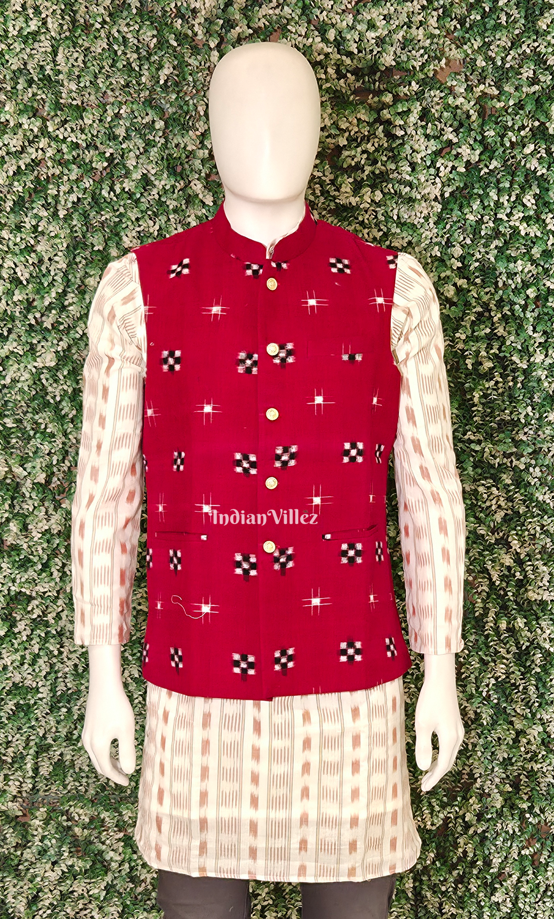 Red Black Pasapali Odisha Ikat Half Bandi Jacket for Men