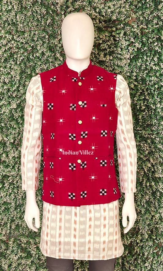 Red Black Pasapali Odisha Ikat Half Bandi Jacket for Men