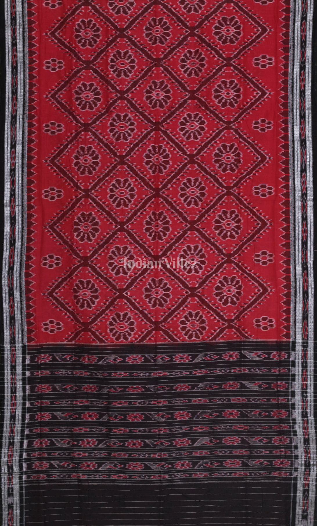Red Black Bada Phula Odisha Ikat Maniabandha Cotton Saree