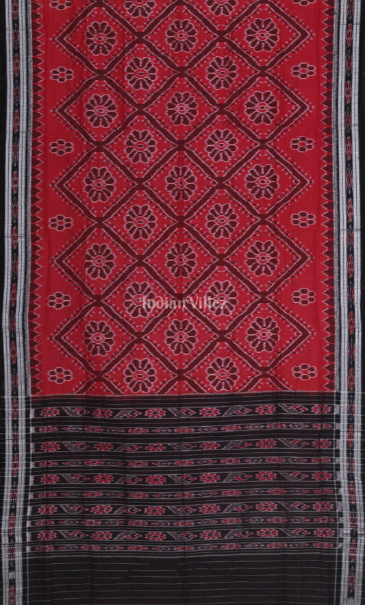 Red Black Bada Phula Odisha Ikat Maniabandha Cotton Saree