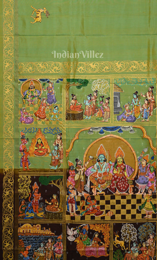 Green Coffee Ramayan Theme Hand-Painted Pattachitra Saree 