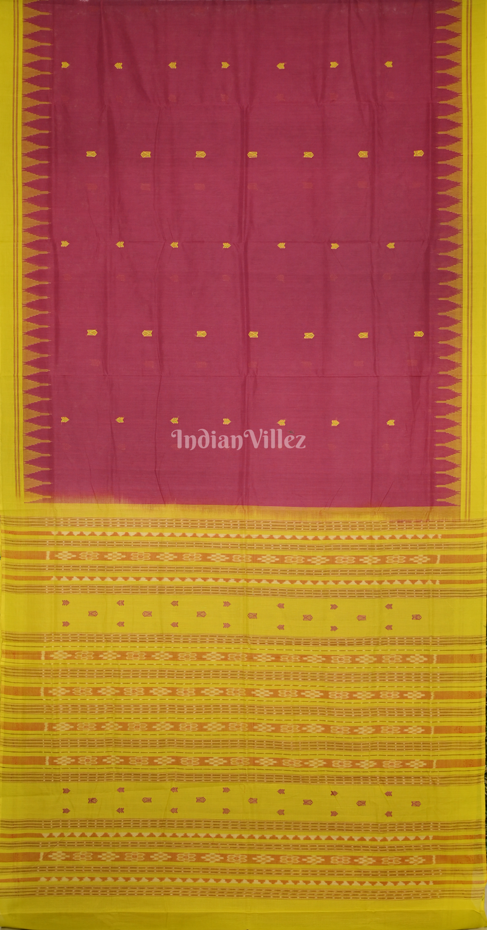 Maroon Yellow Fish Motif Odisha Ikat Bomkai Cotton Saree
