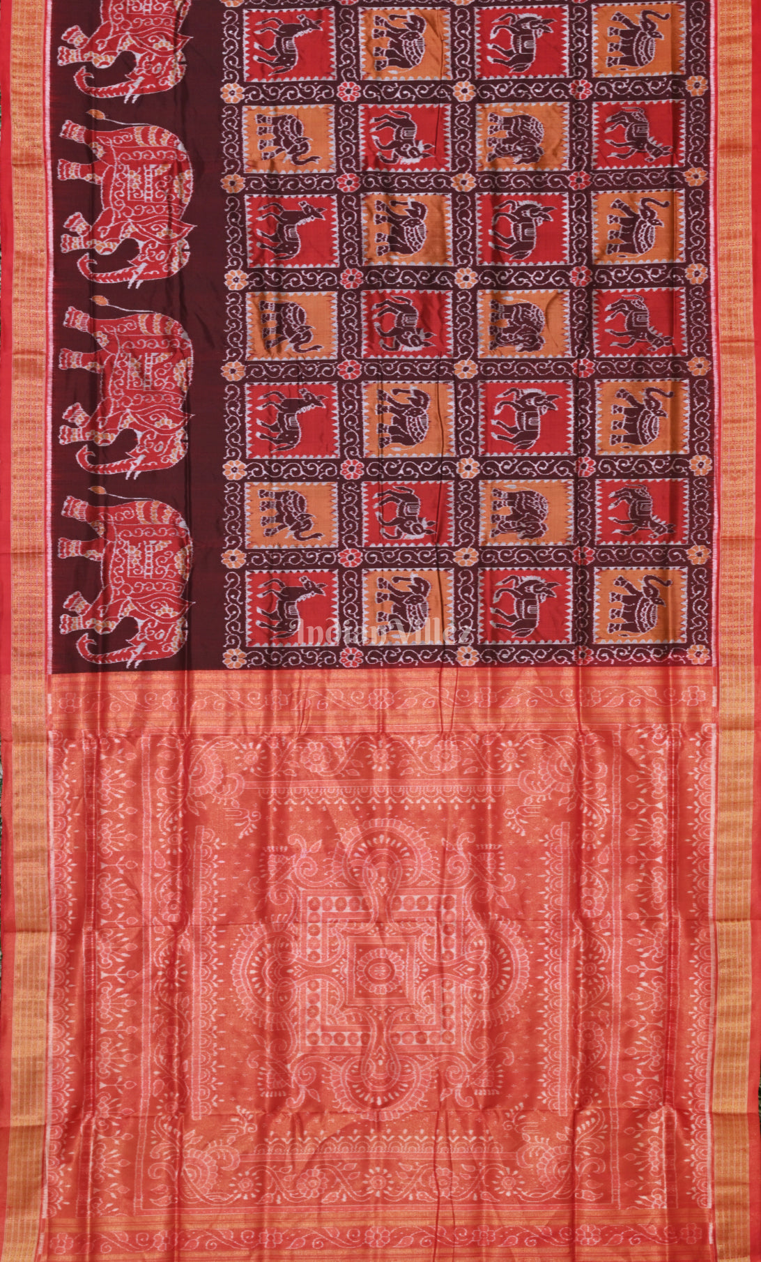 Coffee Red Elephant Motif Half Tissue Sambalpuri Silk Saree