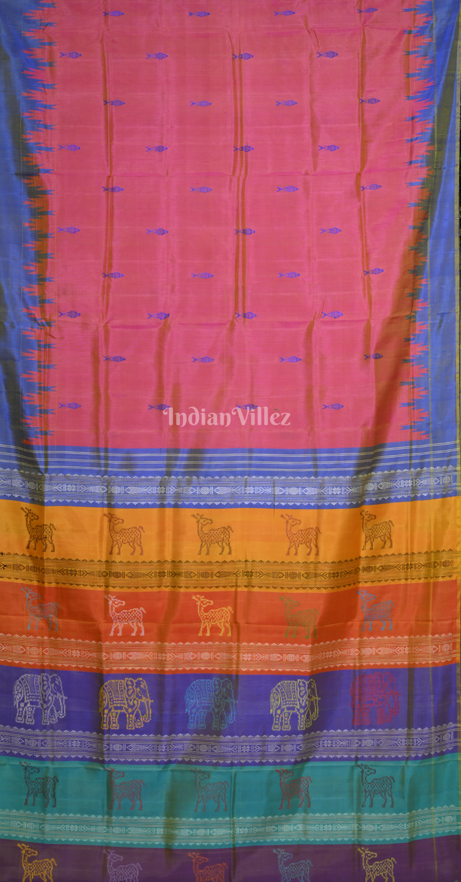 Pink Blue Fish Motif Double Pallu Berhampuri Silk Saree