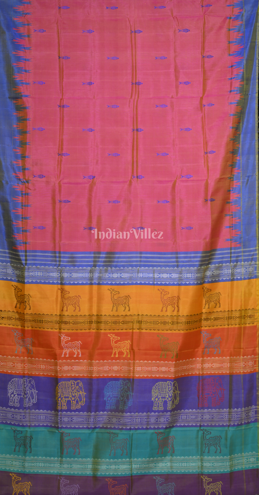 Pink Blue Fish Motif Double Pallu Berhampuri Silk Saree
