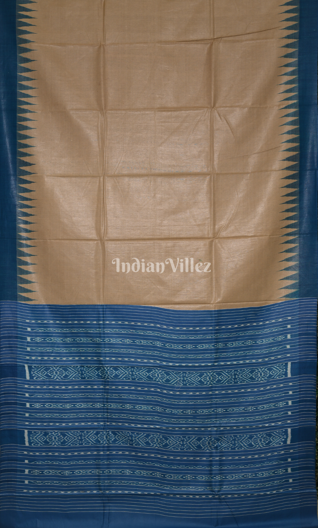 Beige Gopalpur Tussar Silk Saree with Blue Temple Border & Anchal 