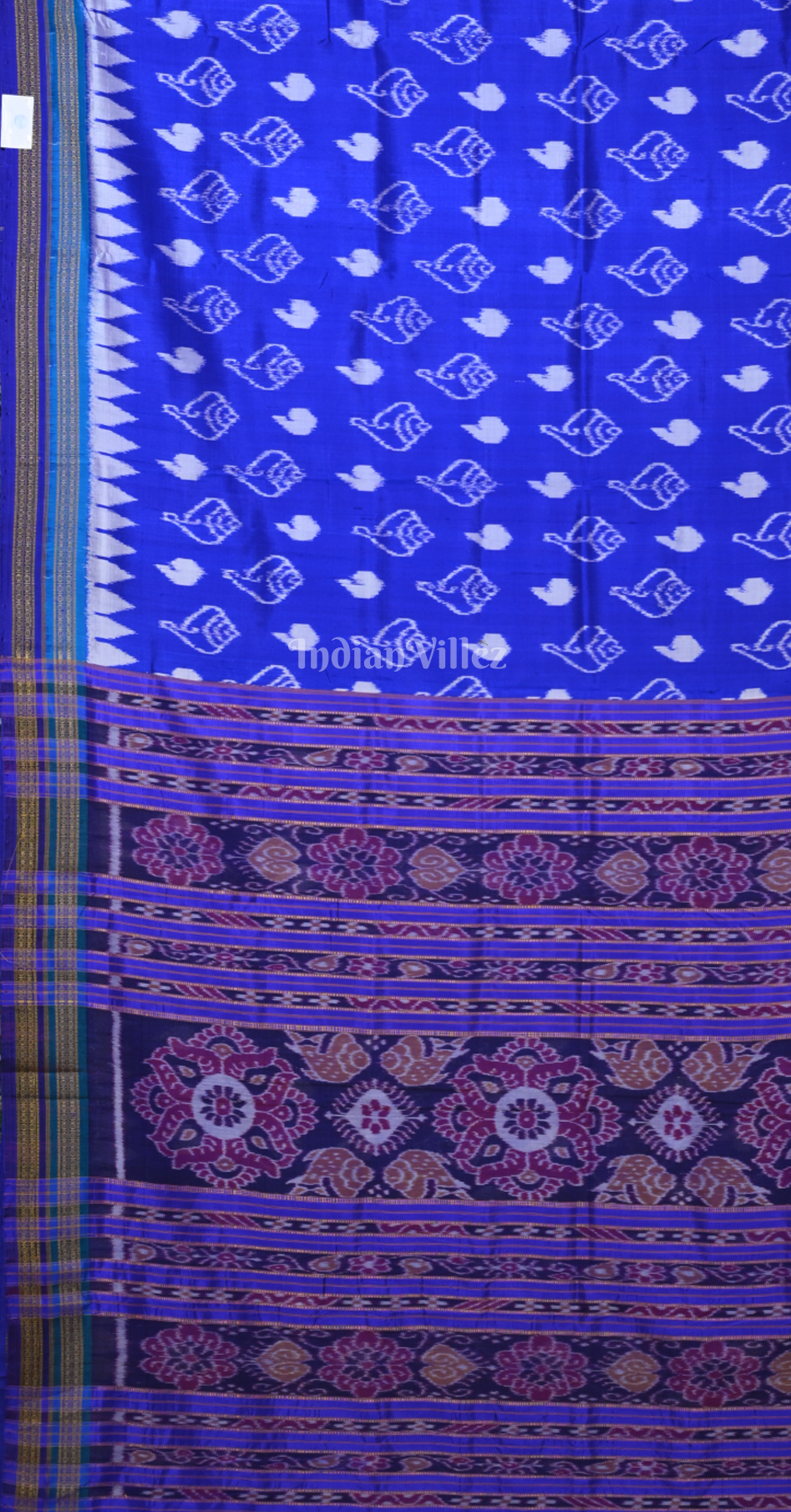 Royal Blue White Sankha Motif Odisha Ikat Khandua Silk Saree 